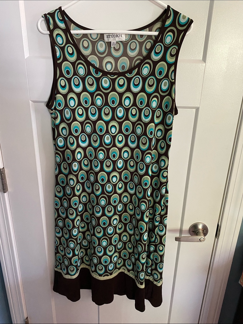 Studio I Brown and Teal Circular-Print Midi Dress